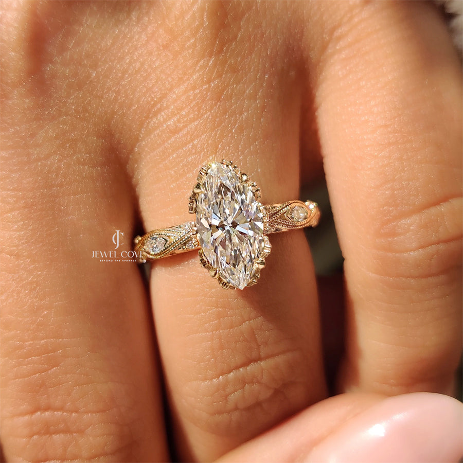 Marquise Cut Diamond Ring with Hidden Flower Crown | Lab Grown Diamonds | IGI Certified