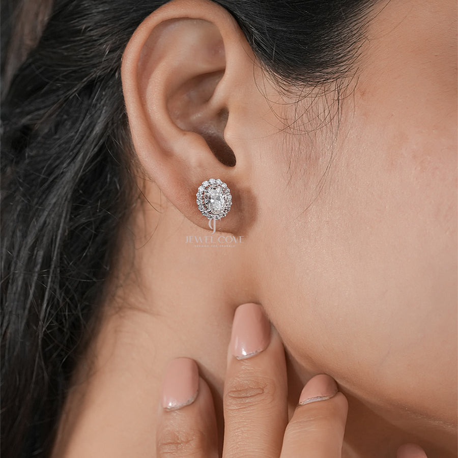 Oval Halo Diamond Stud Earrings in White Gold