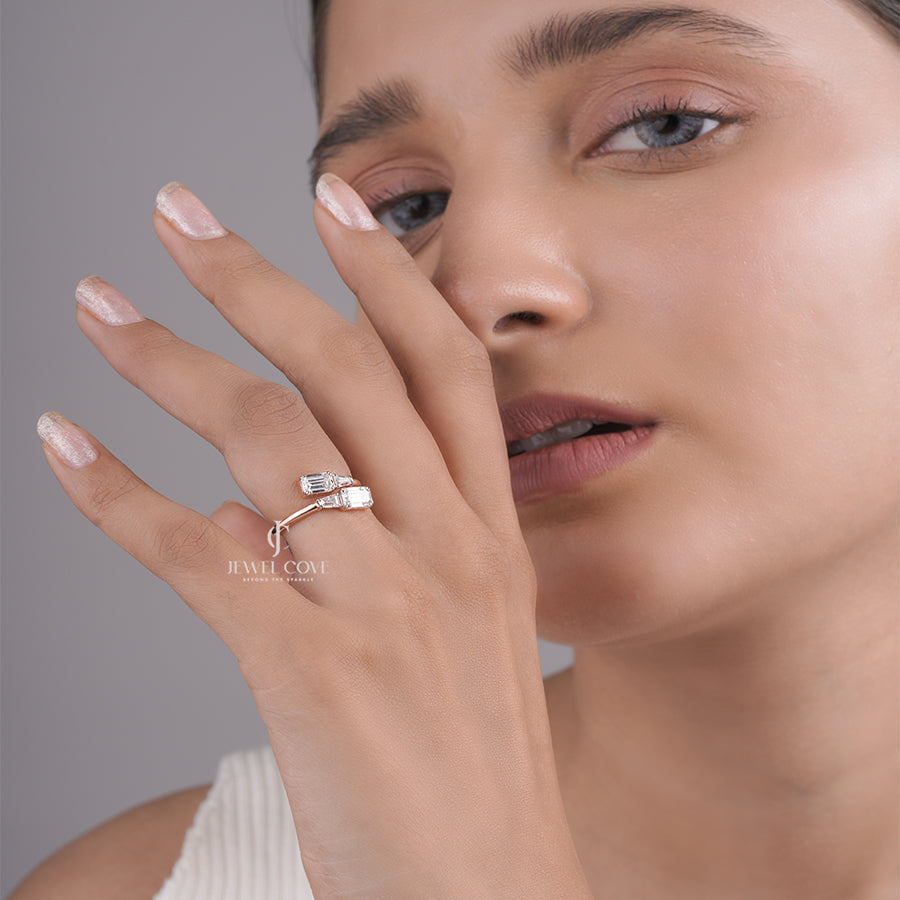 Bypass Lab Grown Ring with Emerald-Cut and Tapered Baguette Diamonds, Modern Open-Style Gold Jewelry