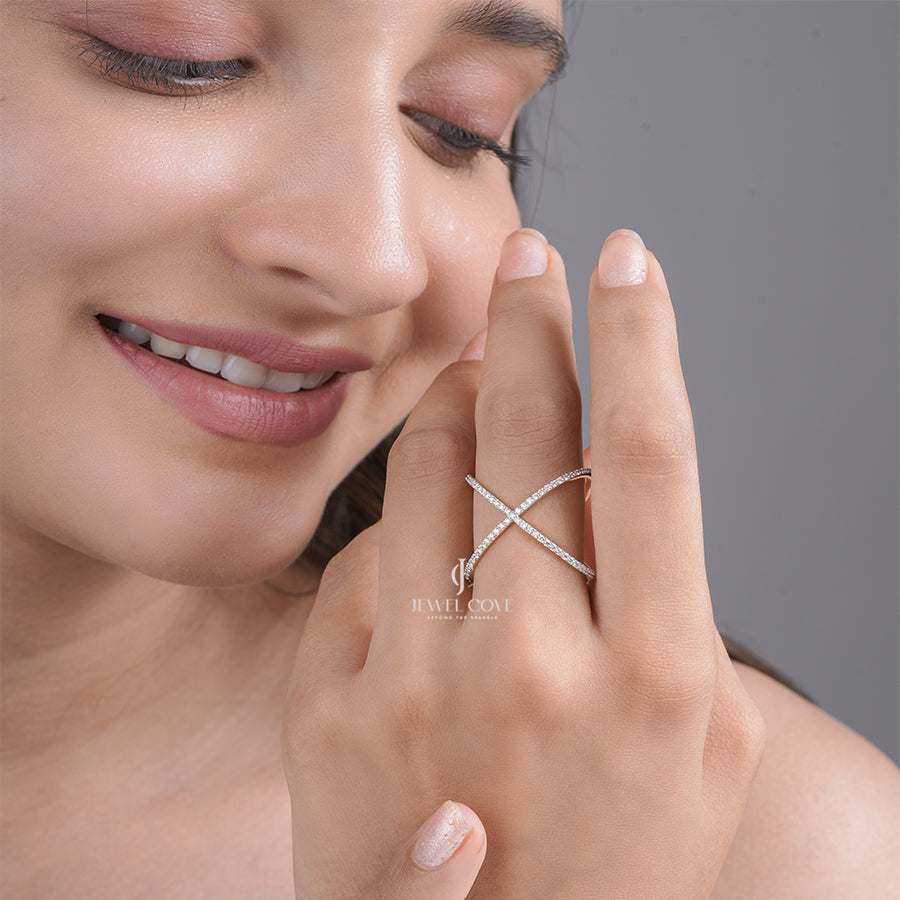 X-Shape Crossover Moissanite Ring with Pave Detailing, Modern Elegant Gold Jewelry