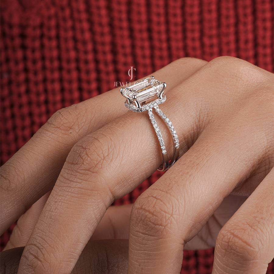 Emerald And Round Moissanite Diamond Emerson Engagement Ring