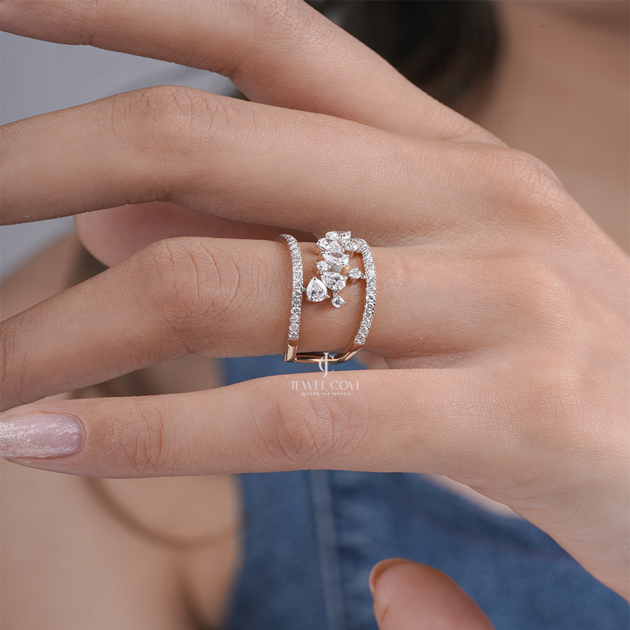 Open Cuff Lab Grown Diamond Ring with Pear and Round Cut Diamonds in Yellow Gold