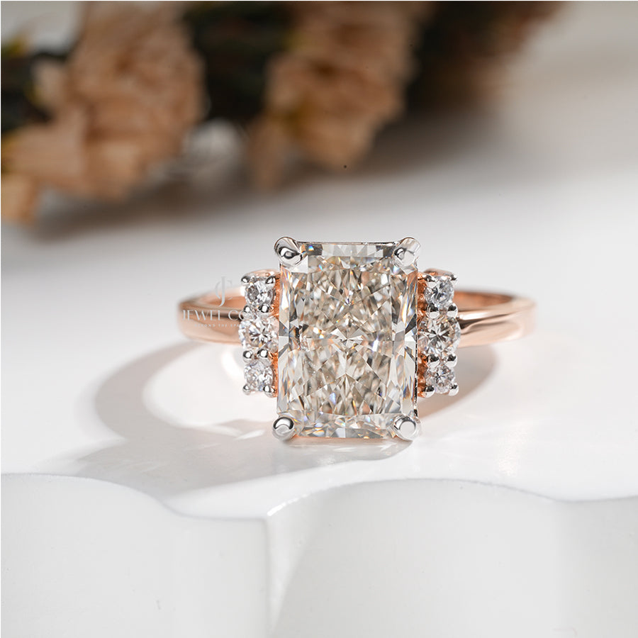 Radiant-Cut Moissanite Engagement Ring with Round Brilliant Side Accents