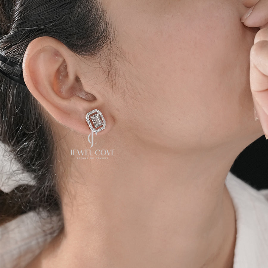 Brilliant Halo Emerald Diamond Stud Earrings with side round diamond