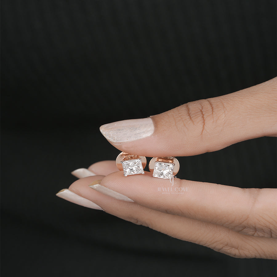 Princess Cut Diamond Stud Earrings for Women in Rose Gold Daily Wear Jewellery Gift