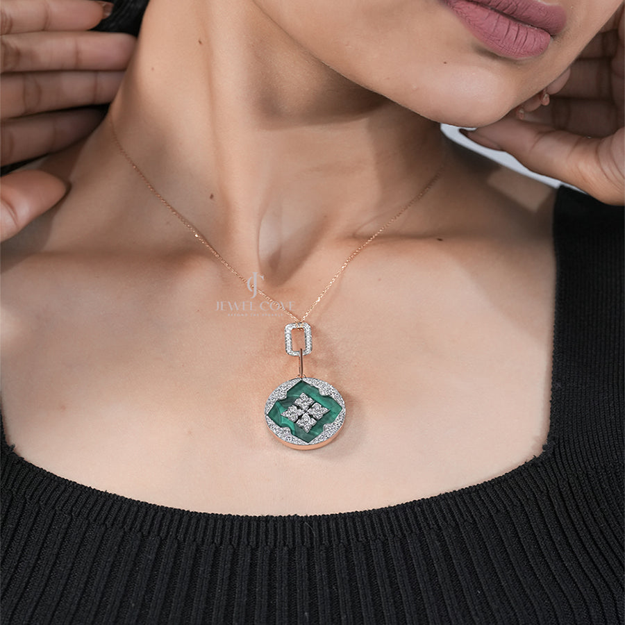 Elegant Green Moissanite Pendant Necklace with Diamond Accents on Model