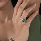 Two Stone Oval Cut Ring with Green Emerald and White Diamond