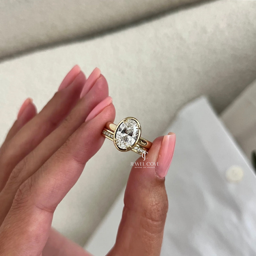 2 CT Elongated Oval IGI Certified Diamond Cathedral Setting Bridal Ring Set | Lab Grown Diamond