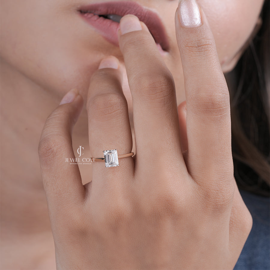 Emerald Moissanite Solitaire Engagement Ring in Yellow Gold Minimalist Bridal Ring