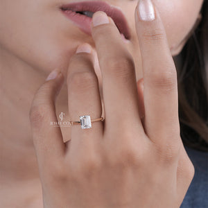 1.5CT Emerald Solitaire Moissanite Minimalist Shank Yellow Gold Ring | IGI Certified