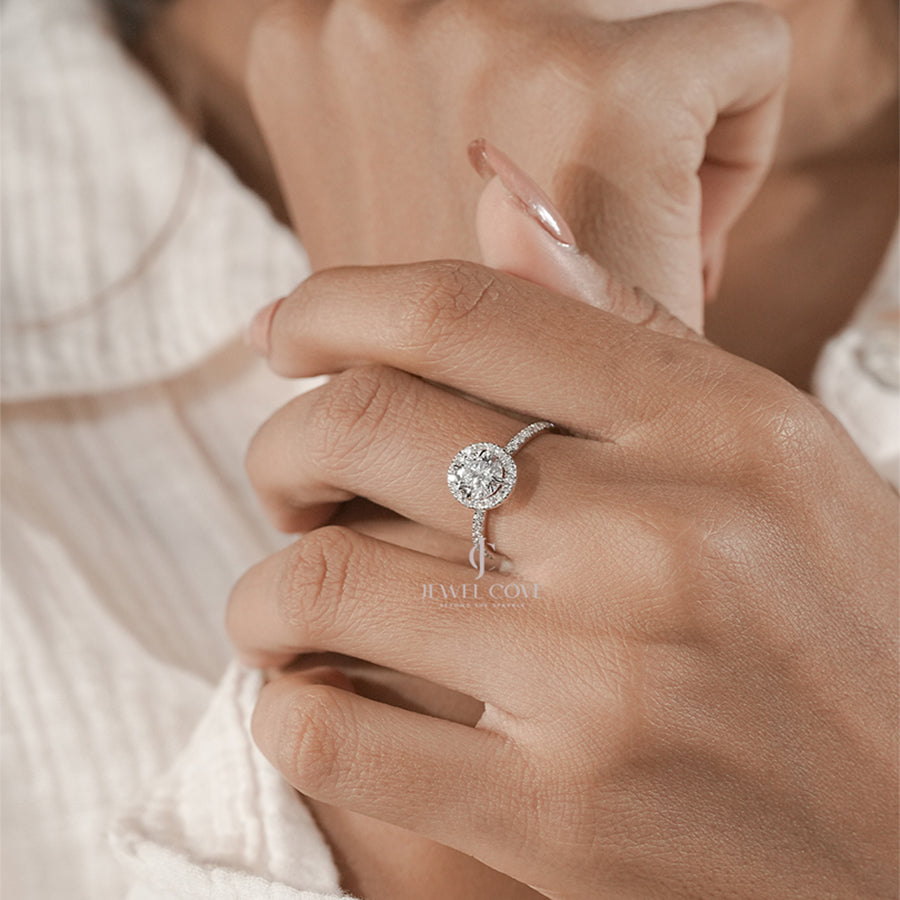 Round Halo Diamond Engagement Ring in Classic Solitaire with Pave Band