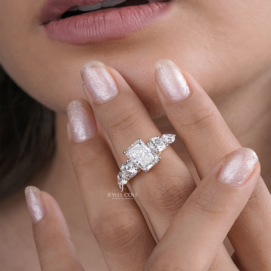 Emerald Cut Diamond Engagement Ring with Tapered Side Diamonds in White Gold, Elegant Three Stone Ring