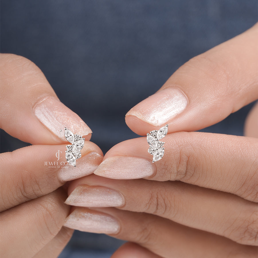 Marquise & Round Lab Grown Diamond Cluster Stud Earrings, Cluster Diamond Stud