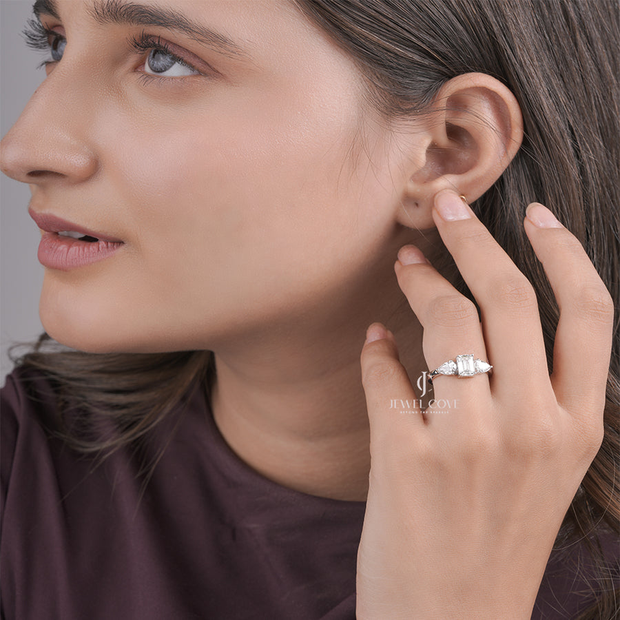 Emerald Cut Lab Grown Diamond Engagement Ring, Three Stone Setting with Pear Shape Side Diamonds