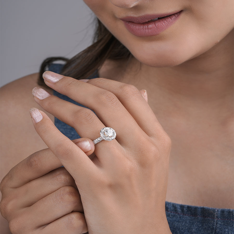 Round Cut Moissanite Diamond Ring with Elegant Swirl Halo and Pave Diamond Band