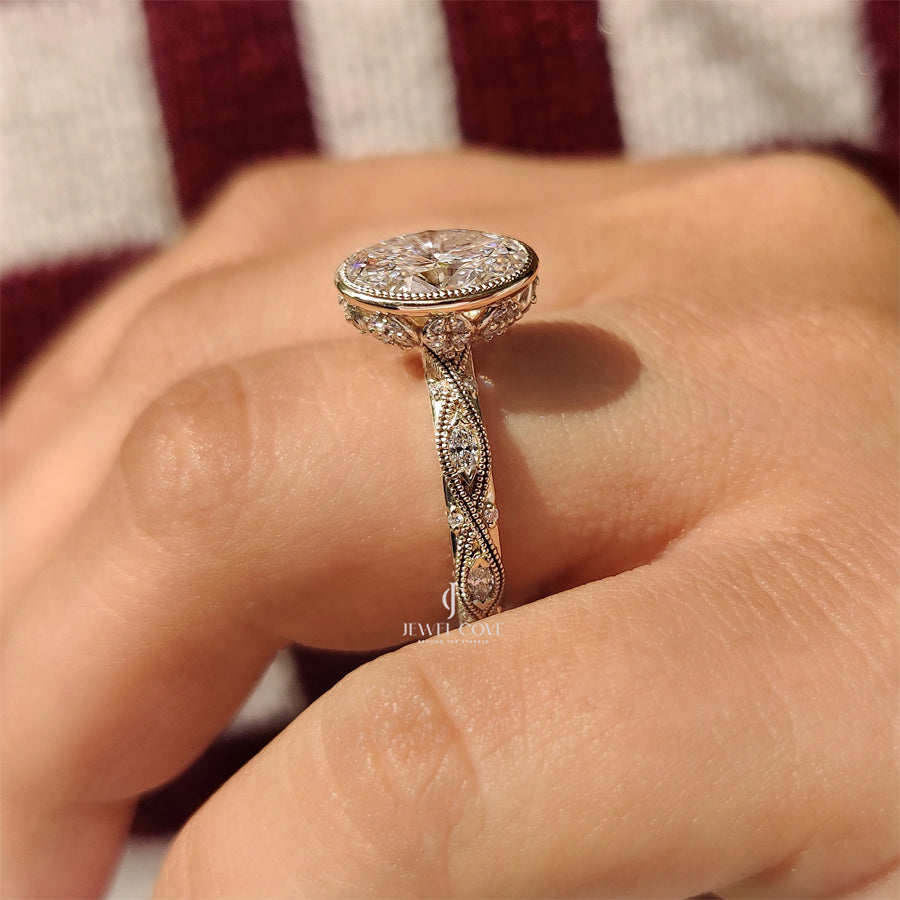 Oval Bezel Engagement Ring with Milgrain | Lab Grown Diamonds | IGI Certified