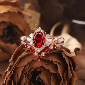 Art Deco Oval Shaped Ruby Gemstone Cluster Bridal Set Rings | Moissanite Diamonds | GRA Certified