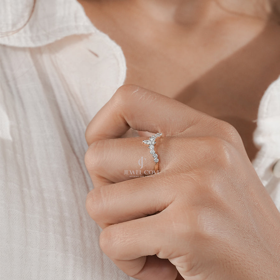 Elegant Marquise V-Shape Ring with Round Accents Engagement Band
