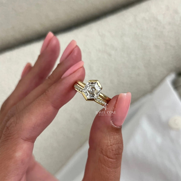2CT Hexagon Lab Diamond North-South Half Bezel Bridal Ring Set | IGI Certified