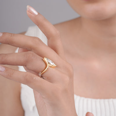Marquise Cut Moissanite Diamond Solitaire Ring with Unique V-Shaped Setting 18K Gold Ring