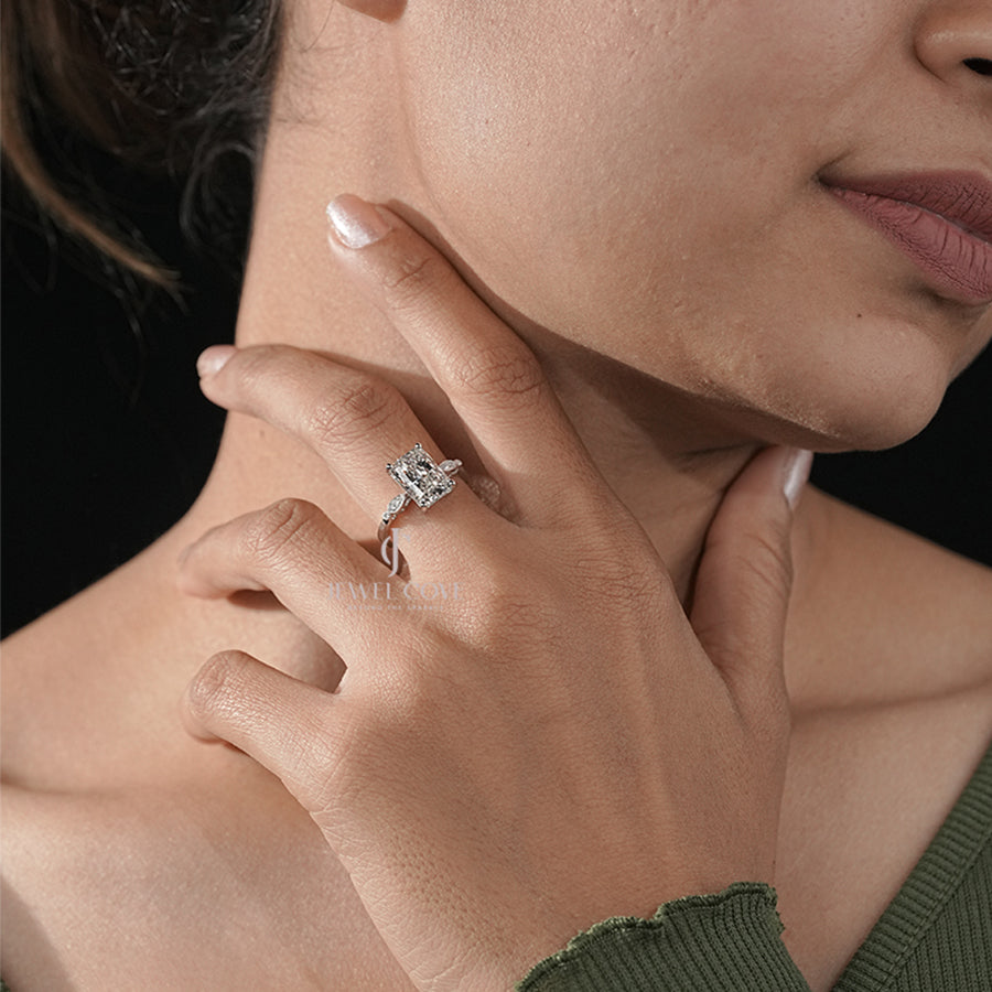 Exquisite Radiant Moissanite Diamond Solitaire Ring in White Gold with Accent Stones