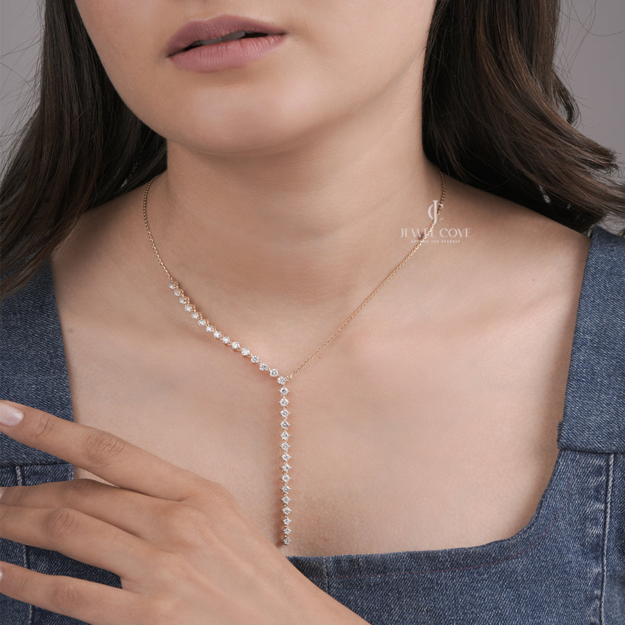 Y Necklace Lab Grown in Yellow Gold with Graduated Round Diamonds | Elegant Drop Necklace