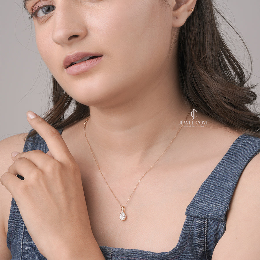 Pear Moissanite Diamond Solitaire Pendant Necklace in Yellow Gold | Classic Fine Jewelry