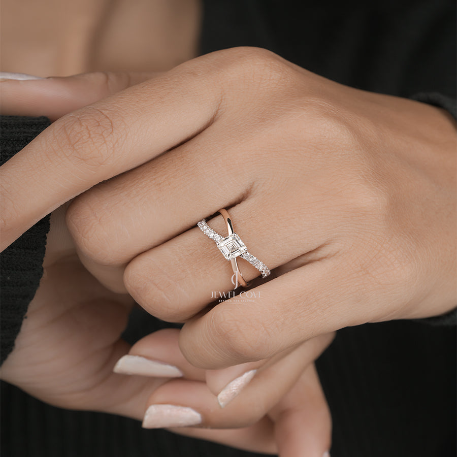 Emerald Square Cut Criss Cross Ring for Women in Rose Gold Engagement and Wedding Jewellery