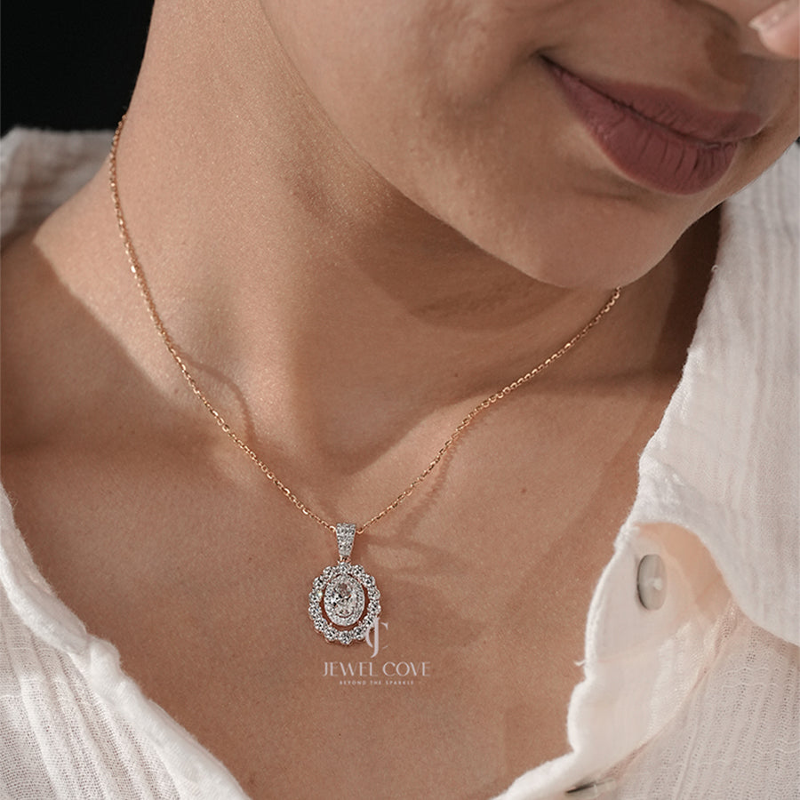 Oval Diamond with Double Halo and Scalloped Diamond Border Pendant (ONLY PENDENT)