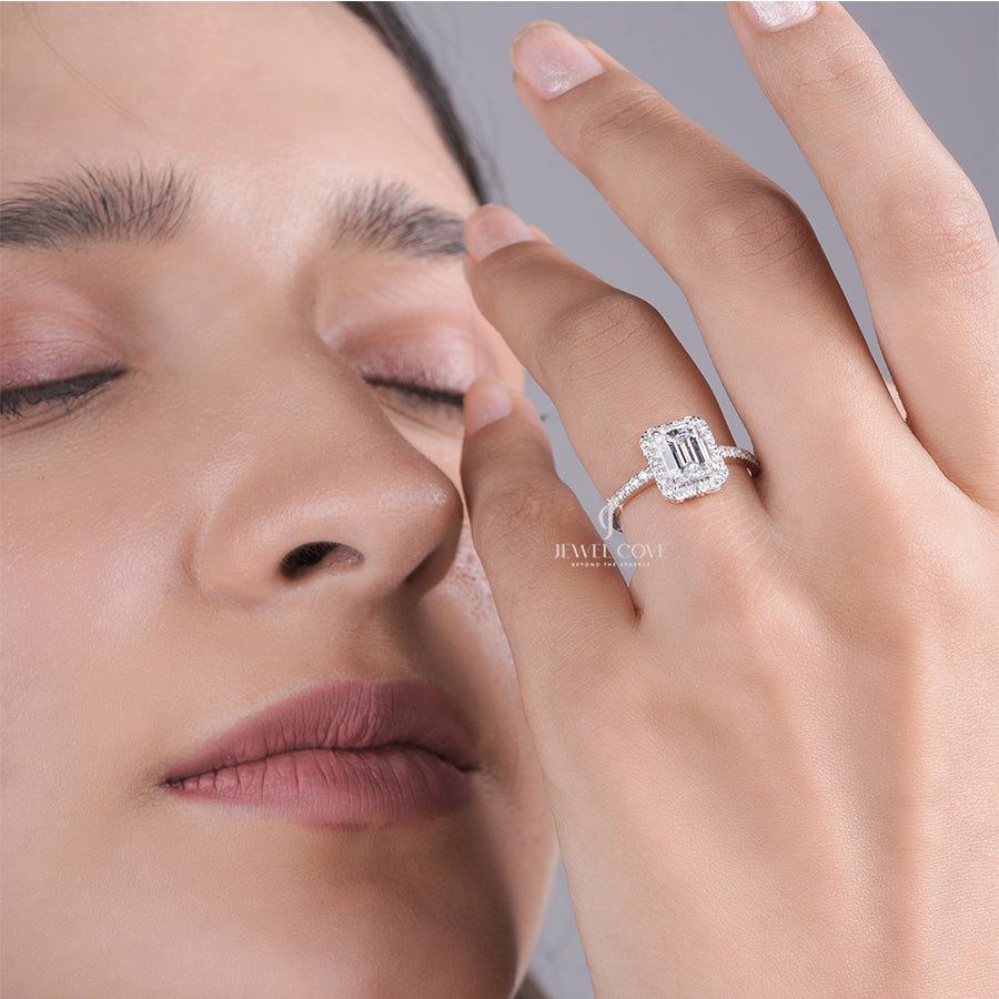 Classic Emerald Lab Grown Diamond Halo Ring with Pave Band | Engagement Jewelry