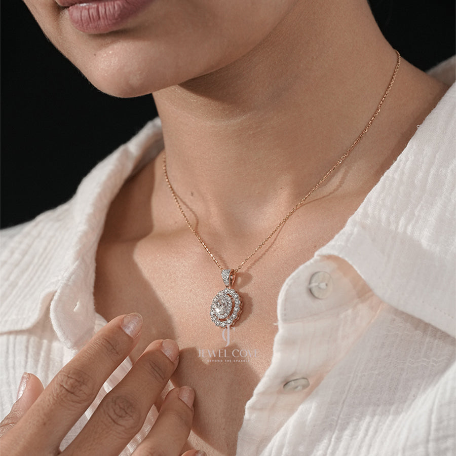 Oval Diamond with Double Halo and Scalloped Diamond Border Pendant (ONLY PENDENT)