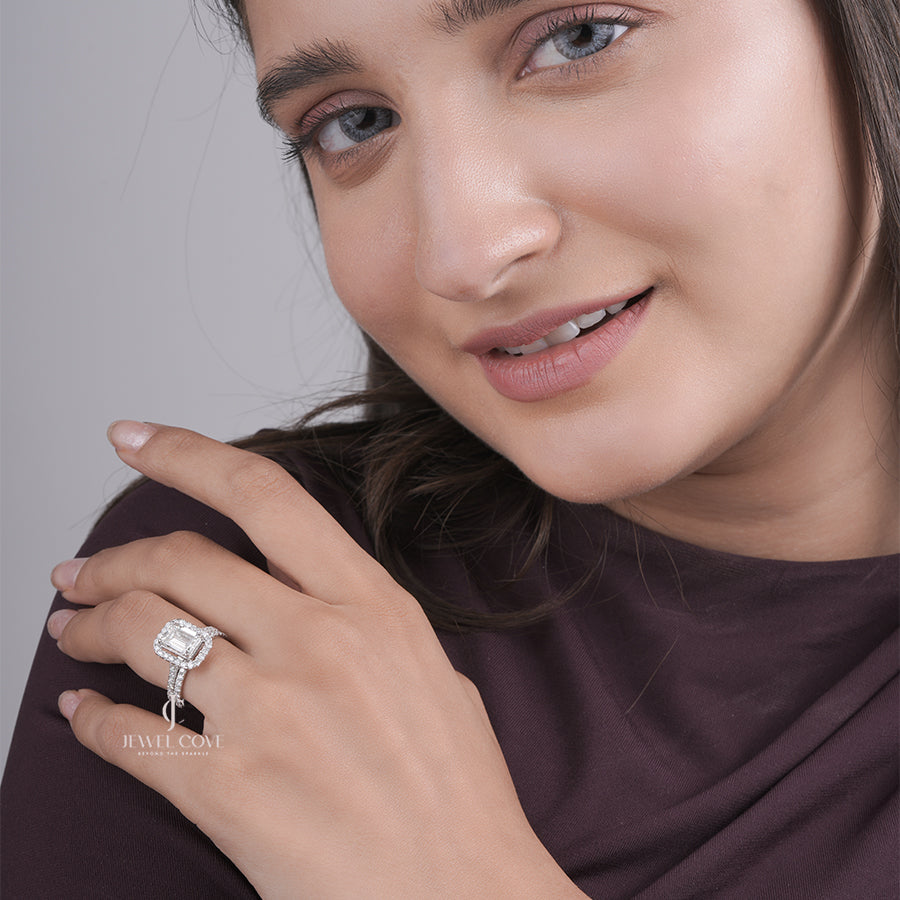 Emerald Cut Lab Grown Diamond Ring, Halo Setting Engagement Ring, White Gold Double Band