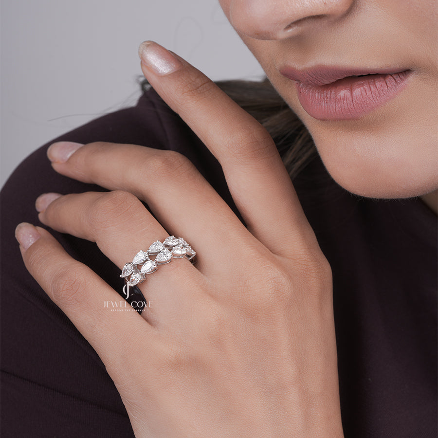 Pear Shape Diamond Half Eternity Ring, Lab Grown Diamonds, White Gold Wedding Band, Pear Cut Stacking Ring