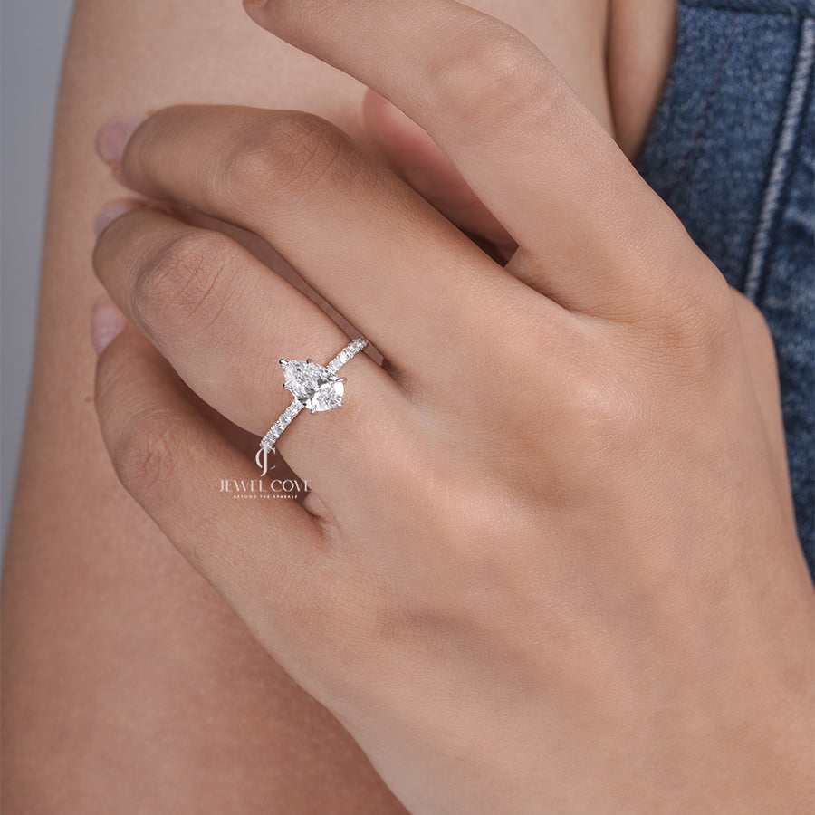 Pear Cut Moissanite Diamond Ring with Pave Band Elegant Bridal Jewelry