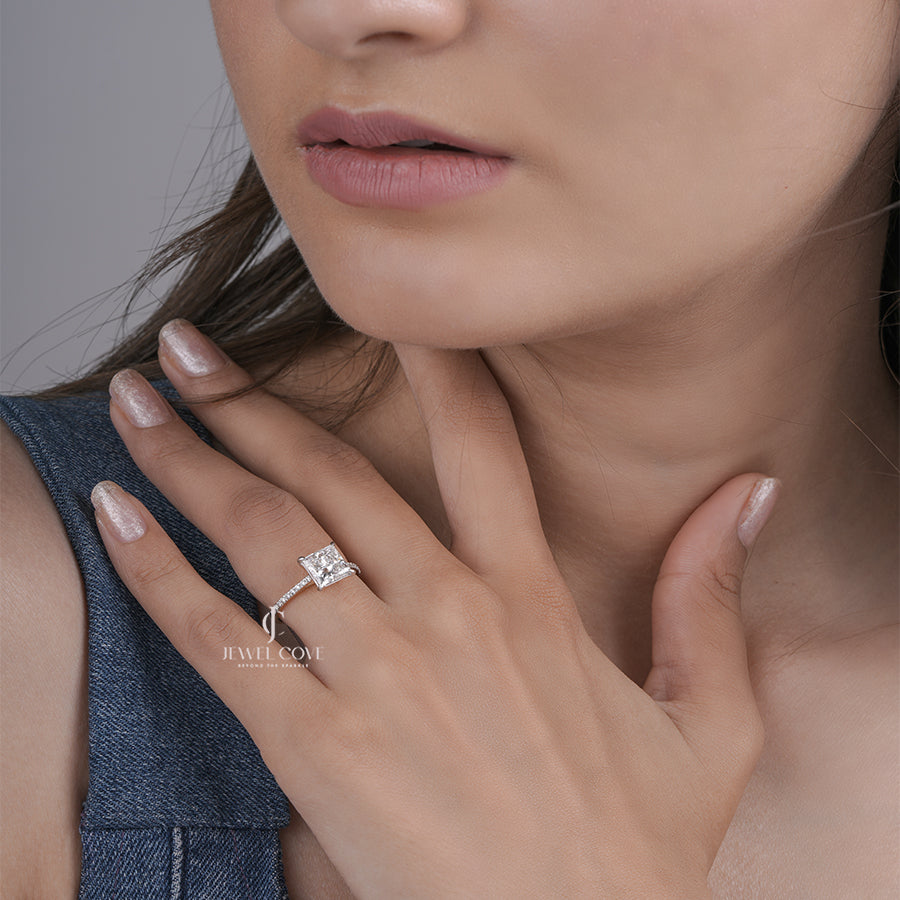 Princess Moissanite Engagement Ring with Pave Band in Yellow Gold, Classic Solitaire Fine Jewelry