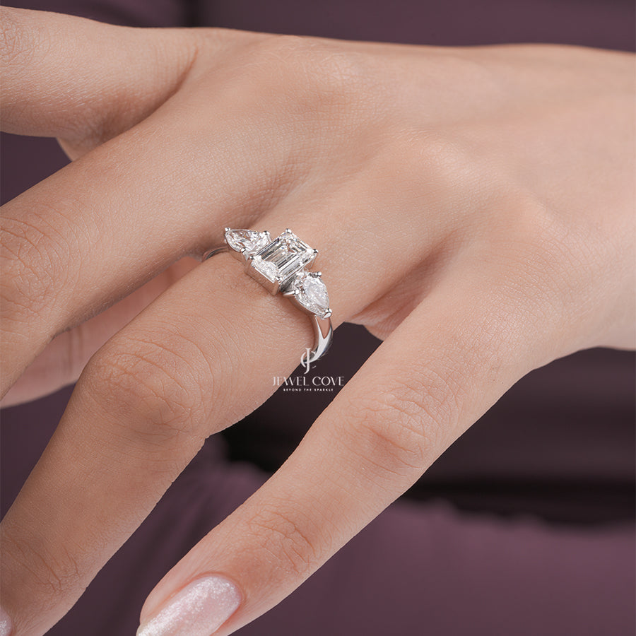 Emerald Cut Moissanite Diamond Engagement Ring, Three Stone Setting with Pear Shape Side Diamonds
