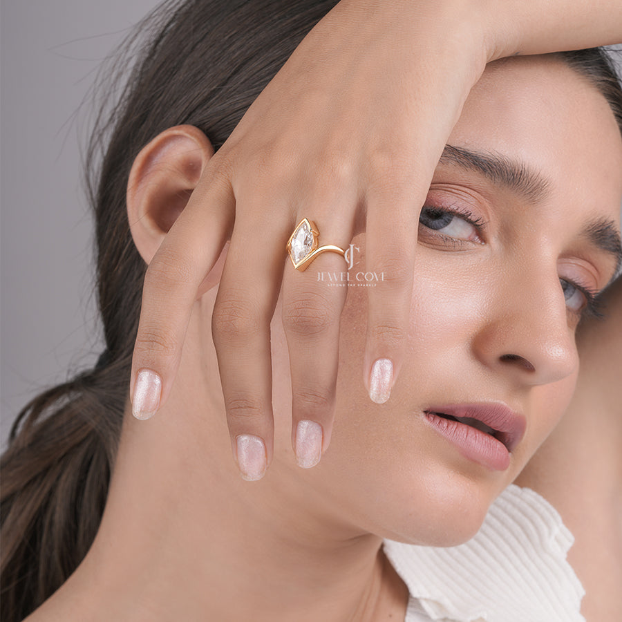 Marquise Cut Diamond Solitaire Ring with Unique V-Shaped Setting 18K Gold Ring