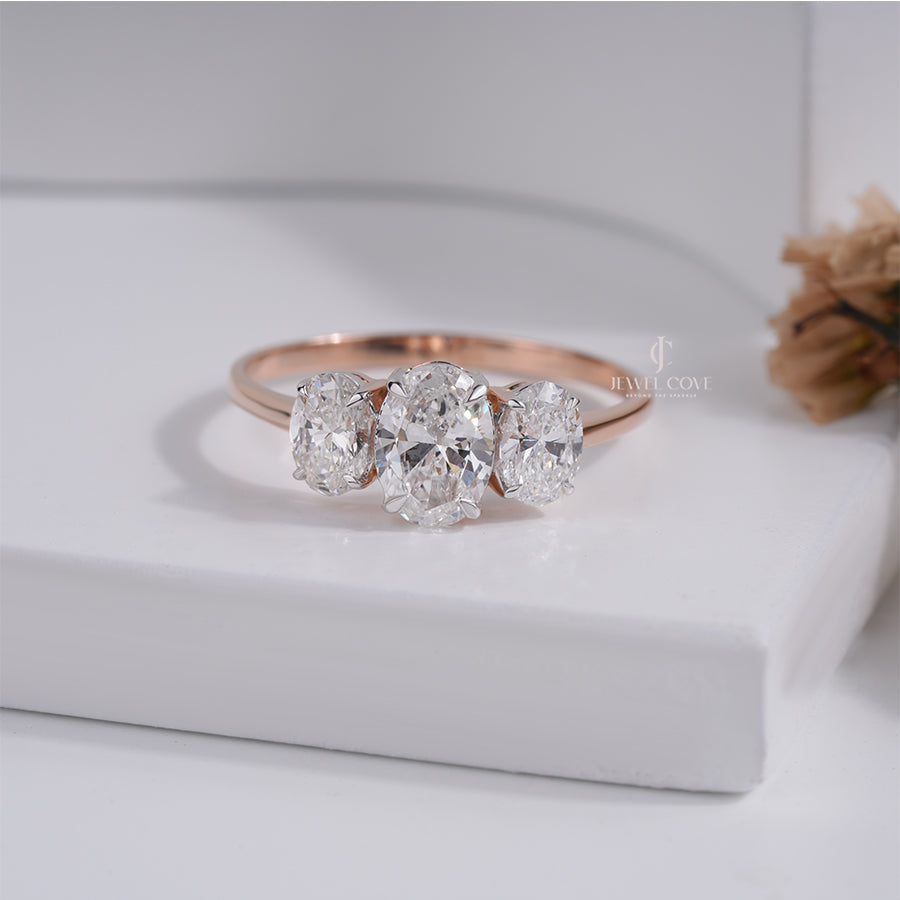 Three Stone Oval Diamond Ring for Women in Rose Gold Engagement and Wedding Jewellery Gift