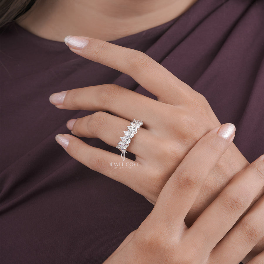 Pear Cut Multi-Stone Moissanite Diamond Band in White Gold – Elegant Pear Shape Cluster Ring, Sparkling Anniversary