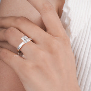 Radiant Moissanite with Baguette Side Stones | IGI Certified | 14K White Gold Eternity Ring