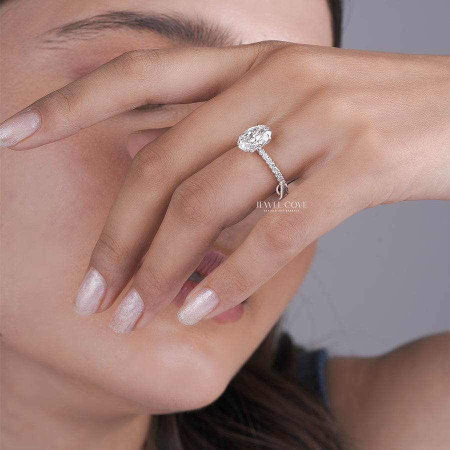 Oval Lab Grown Diamond Engagement Ring with Pave Band in Yellow Gold