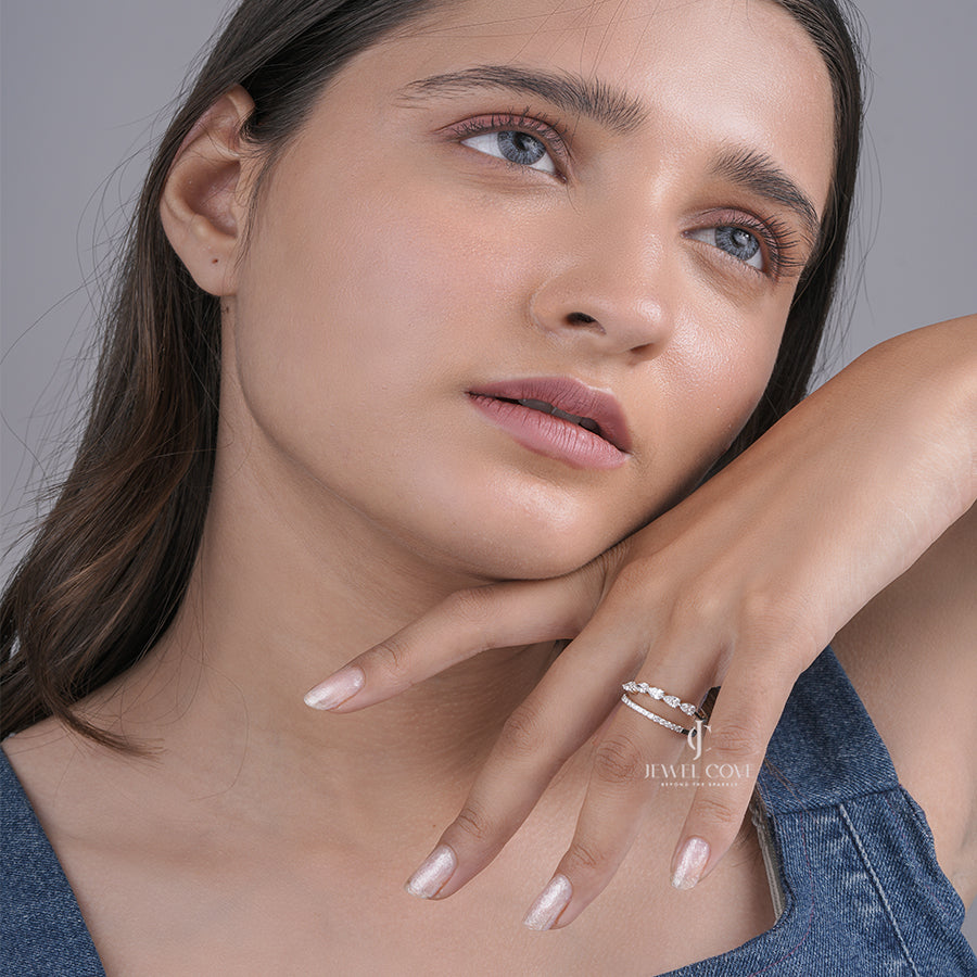 Pear Cut Lab Grown Elegant Yellow Gold Stackable Ring Diamonds and Slim Pave Band