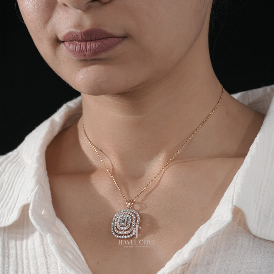 Statement Emerald Moissanite Diamond Pendant Necklace with Multi-Layered Halo