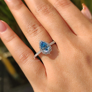 Cyan Blue Pear Diamond Ring In cathedral setting | Moissanite Diamonds | GRA Certified