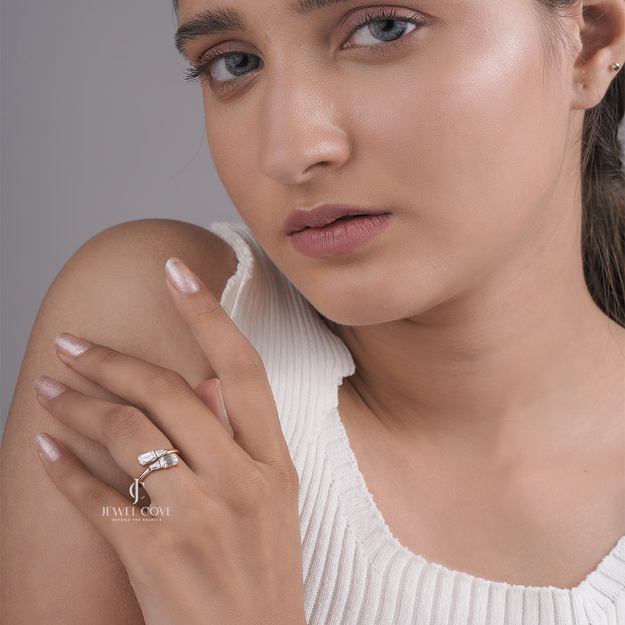 Bypass Moissanite Ring with Emerald-Cut and Tapered Baguette Diamonds, Modern Open-Style Gold Jewelry