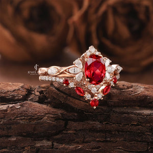 Art Deco Oval Shaped Ruby Gemstone Cluster Bridal Set Rings | Moissanite Diamonds | GRA Certified