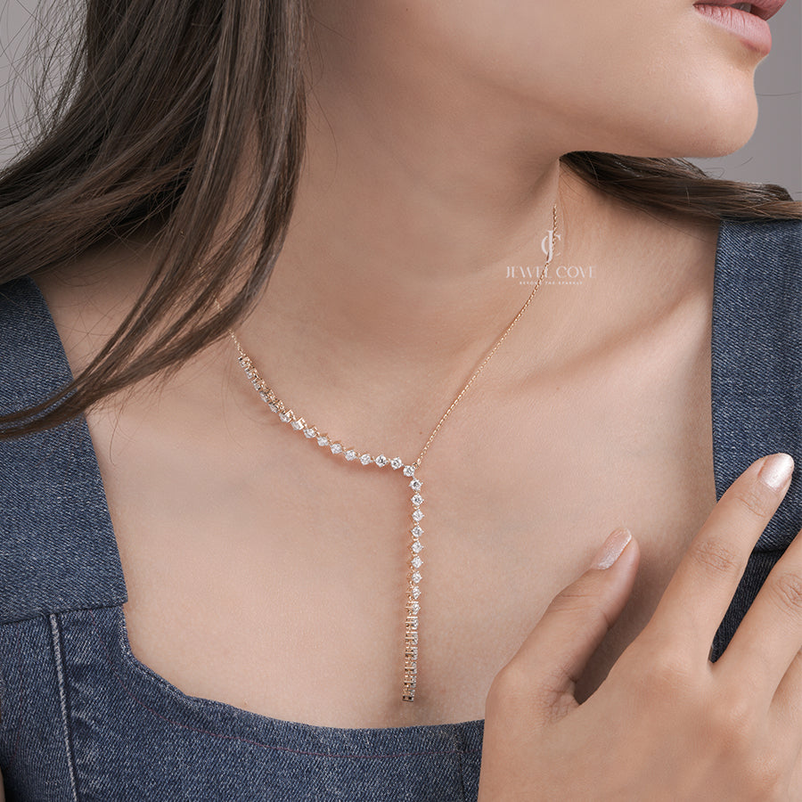 Y Necklace Moissanite in Yellow Gold with Graduated Round Diamonds | Elegant Drop Necklace