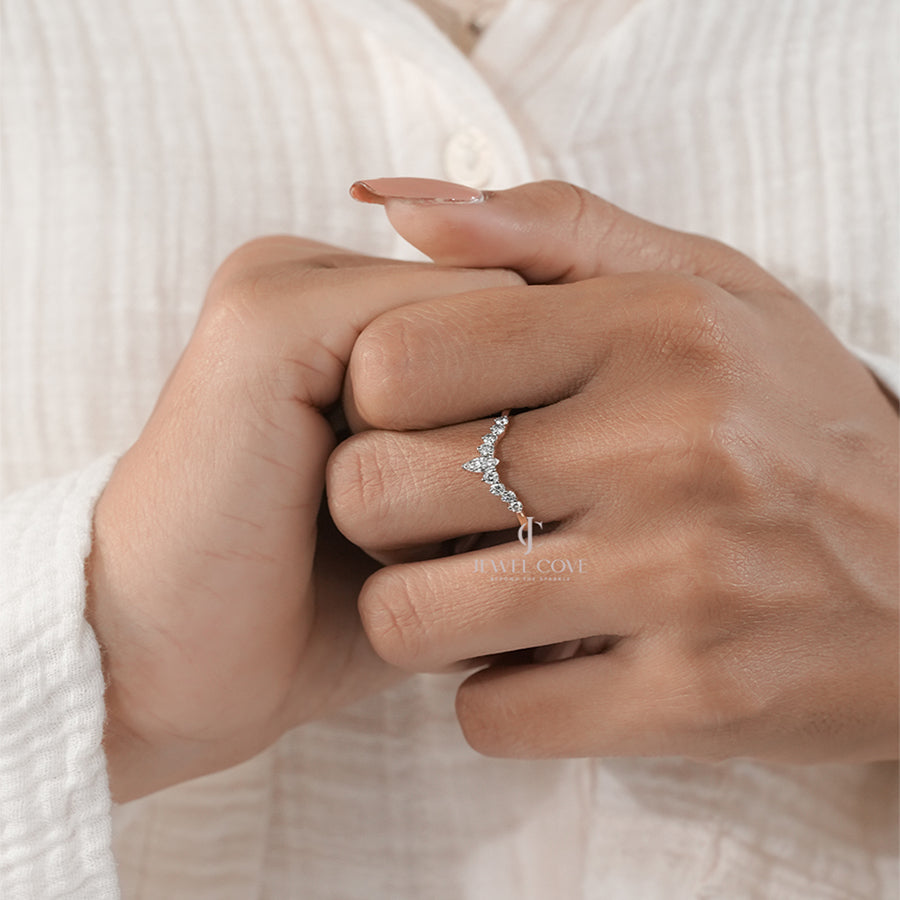 Elegant Marquise V-Shape Ring with Round Accents Engagement Band