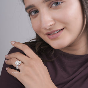 Emerald Halo Setting Moissanite Engagement Ring | White Gold Double Band | IGI Certified
