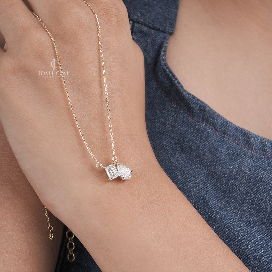 Emerald & Pear Moissanite Diamond Pendant in Yellow Gold, Modern Two Stone Diamond Necklace